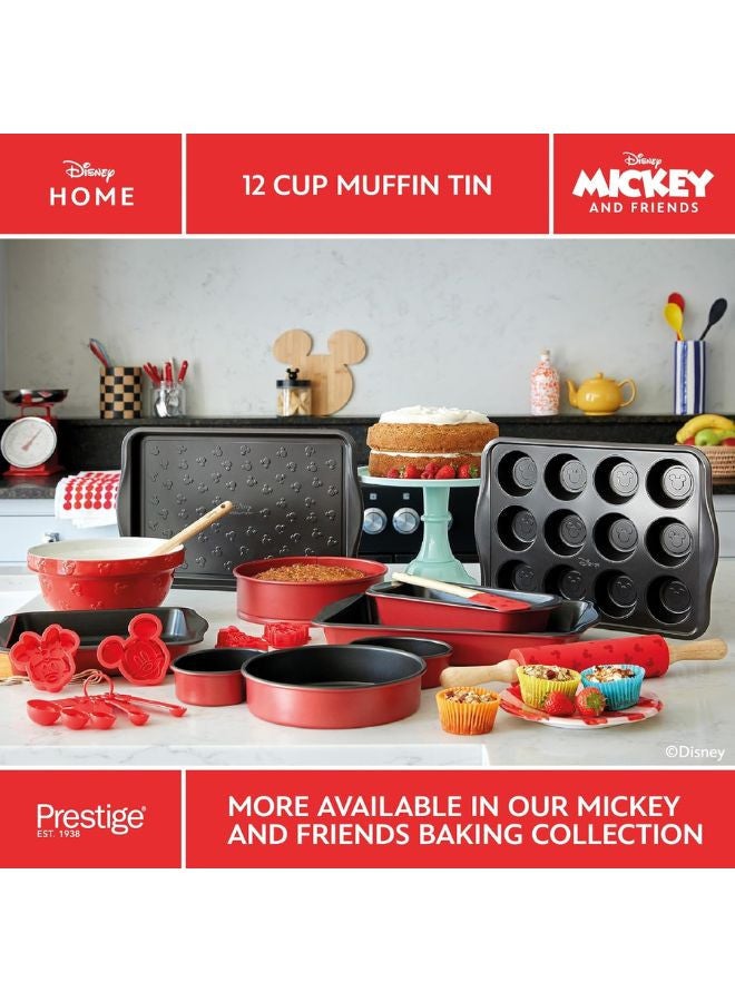 Prestige New Disney Bake with Mickey Mouse Muffin Trays For Baking 12 Cup - Non Stick Muffin Tin, Carbon Steel Bakeware, Red & Black