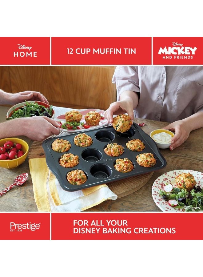 Prestige New Disney Bake with Mickey Mouse Muffin Trays For Baking 12 Cup - Non Stick Muffin Tin, Carbon Steel Bakeware, Red & Black