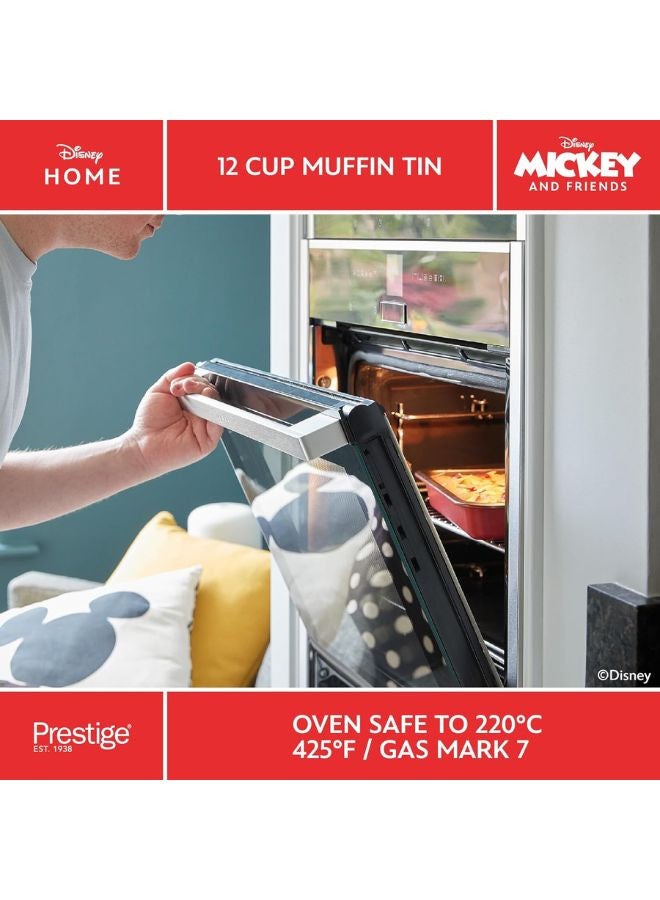 Prestige New Disney Bake with Mickey Mouse Muffin Trays For Baking 12 Cup - Non Stick Muffin Tin, Carbon Steel Bakeware, Red & Black