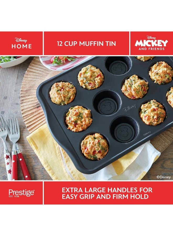 Prestige New Disney Bake with Mickey Mouse Muffin Trays For Baking 12 Cup - Non Stick Muffin Tin, Carbon Steel Bakeware, Red & Black
