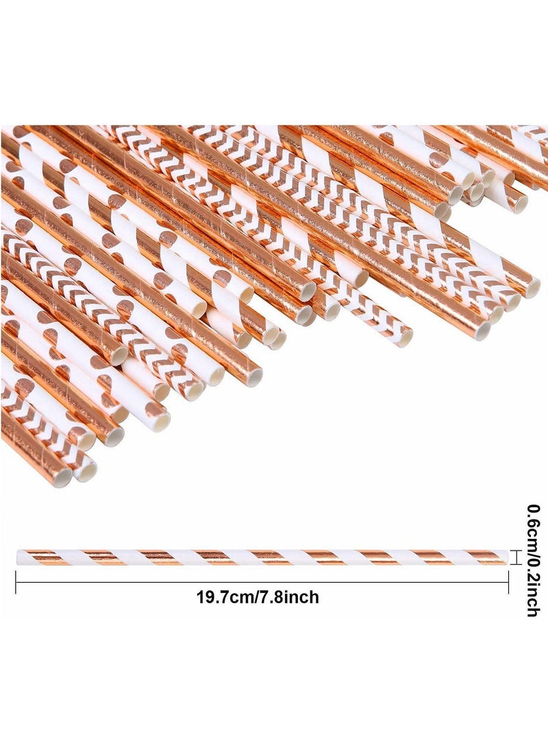 Paper Straws, Disposable Drinking Straws Biodegradable Foil Rose Gold Striped and Solid for Party Wedding Celebrations Decorations