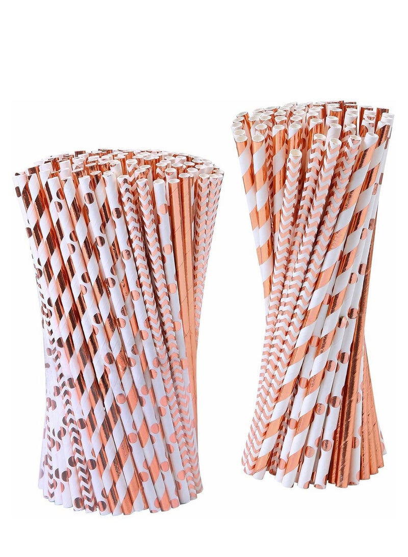 Paper Straws, Disposable Drinking Straws Biodegradable Foil Rose Gold Striped and Solid for Party Wedding Celebrations Decorations