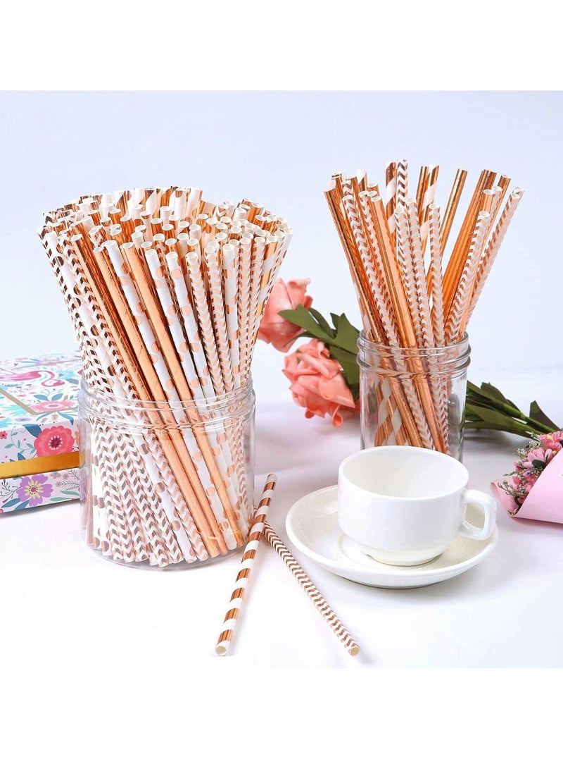 Paper Straws, Disposable Drinking Straws Biodegradable Foil Rose Gold Striped and Solid for Party Wedding Celebrations Decorations