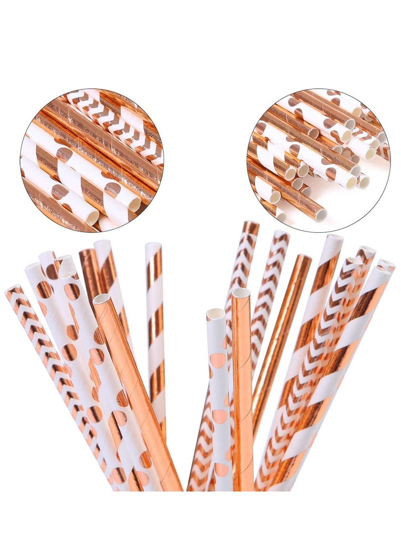 Paper Straws, Disposable Drinking Straws Biodegradable Foil Rose Gold Striped and Solid for Party Wedding Celebrations Decorations