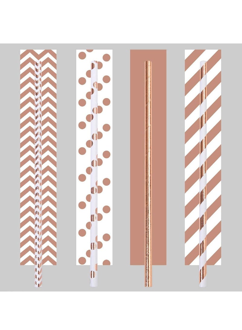 Paper Straws, Disposable Drinking Straws Biodegradable Foil Rose Gold Striped and Solid for Party Wedding Celebrations Decorations