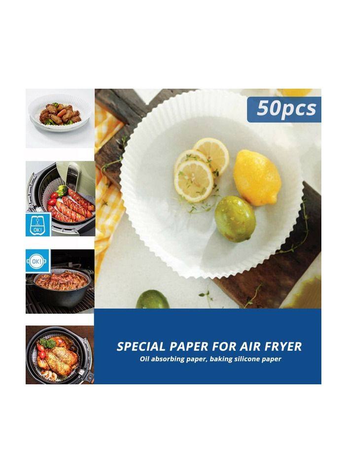 Air Fryer Disposable Paper Liner, 50PCS Non-stick Disposable Air Fryer Liners, Baking Paper for Air Fryer Oil-proof, Water-proof, Parchment for Baking Roasting Microwave 16CM (White)
