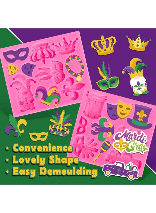 2Pcs Mardi Gras Fondant Molds Masquerade Mask Fleurdelis Crown Feather Mask Pattern 3D Silicone Mould Carnival Cupcake Cookie Decorating Baking Molds For Mardi Gras Party Diy Craft Candy