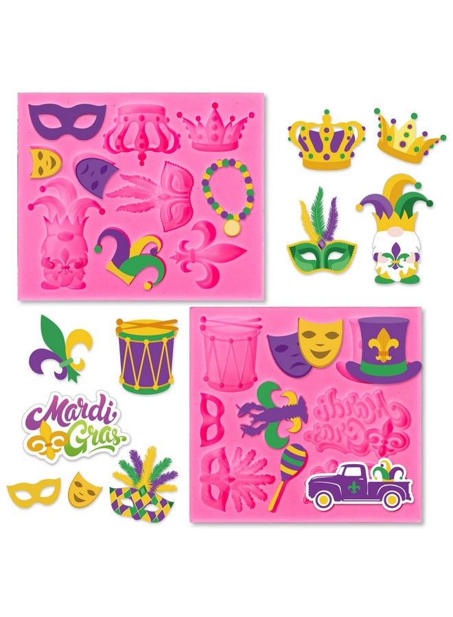2Pcs Mardi Gras Fondant Molds Masquerade Mask Fleurdelis Crown Feather Mask Pattern 3D Silicone Mould Carnival Cupcake Cookie Decorating Baking Molds For Mardi Gras Party Diy Craft Candy