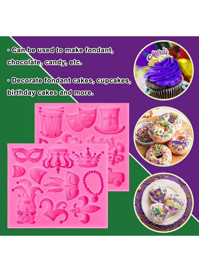 2Pcs Mardi Gras Fondant Molds Masquerade Mask Fleurdelis Crown Feather Mask Pattern 3D Silicone Mould Carnival Cupcake Cookie Decorating Baking Molds For Mardi Gras Party Diy Craft Candy