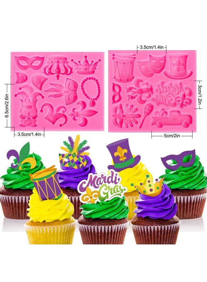 2Pcs Mardi Gras Fondant Molds Masquerade Mask Fleurdelis Crown Feather Mask Pattern 3D Silicone Mould Carnival Cupcake Cookie Decorating Baking Molds For Mardi Gras Party Diy Craft Candy