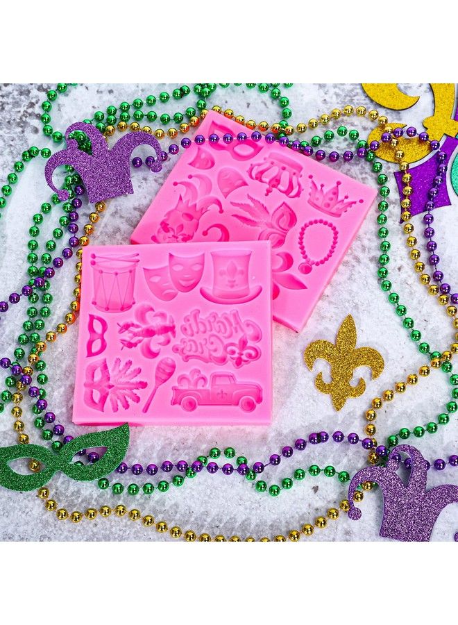 2Pcs Mardi Gras Fondant Molds Masquerade Mask Fleurdelis Crown Feather Mask Pattern 3D Silicone Mould Carnival Cupcake Cookie Decorating Baking Molds For Mardi Gras Party Diy Craft Candy