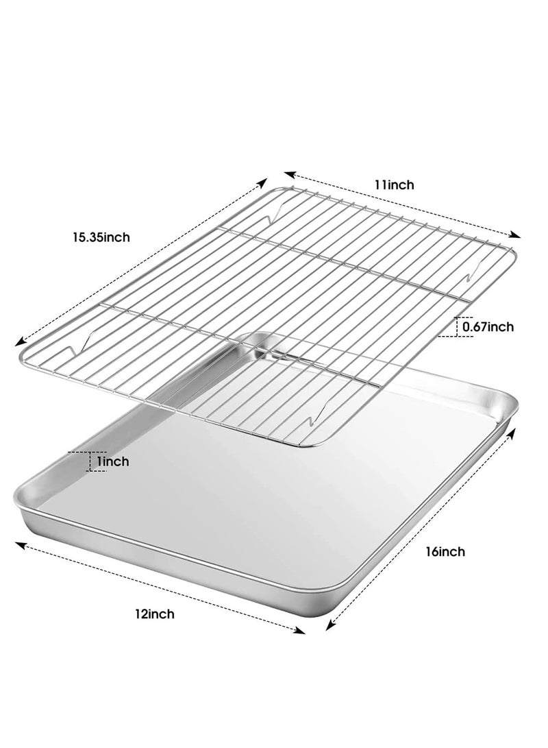 Baking Sheet Nonstick Baking Pans with Rack Set 1 Sheets+1 Rack Stainless Steel Cookie Sheet Pan with Cooling Rack for Oven 16