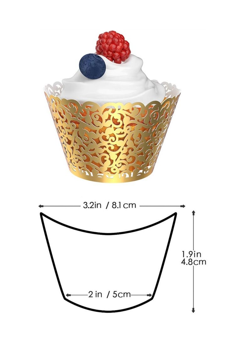 Pearl Lace Filigree Wedding Cupcake 50 Pack Wrapper Baking Cake Cups Wraps Party Bridal Shower Supplies Engagement Decorations Laser Cut Bright Gold