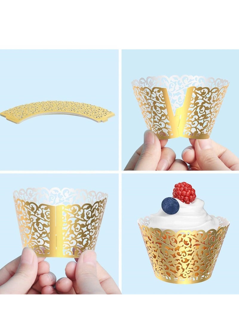 Pearl Lace Filigree Wedding Cupcake 50 Pack Wrapper Baking Cake Cups Wraps Party Bridal Shower Supplies Engagement Decorations Laser Cut Bright Gold