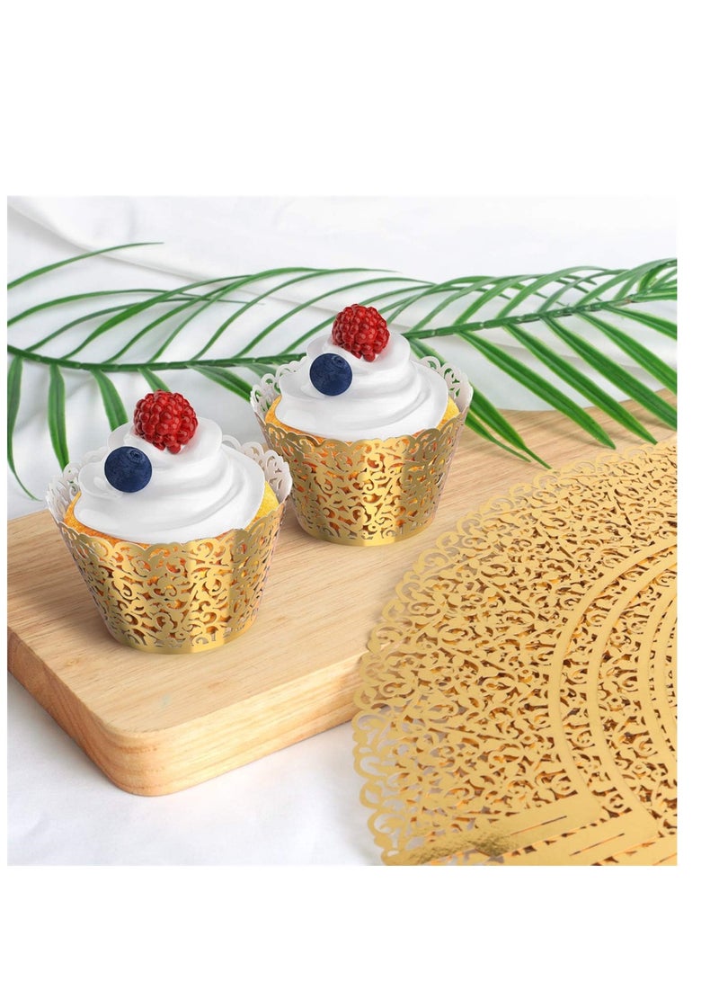 Pearl Lace Filigree Wedding Cupcake 50 Pack Wrapper Baking Cake Cups Wraps Party Bridal Shower Supplies Engagement Decorations Laser Cut Bright Gold