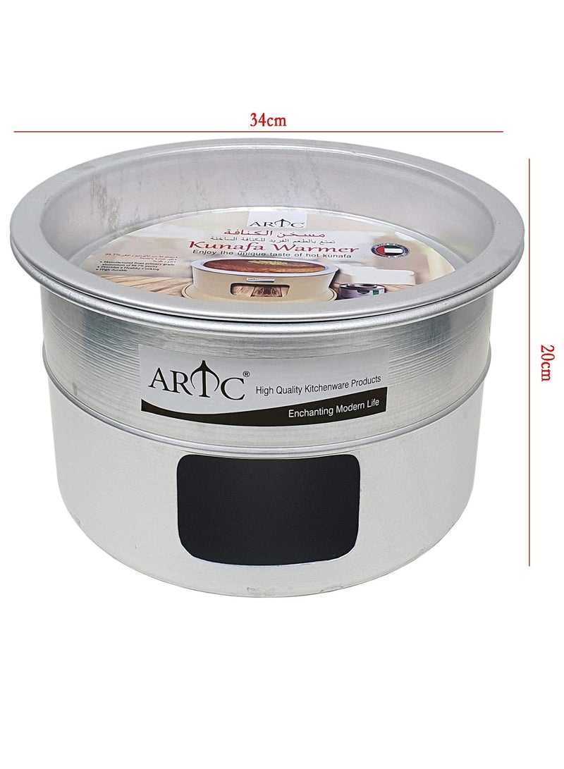 ARTC Portable Kunafa Warming Stand - Arabic Turkish Sweet Kunafa Dish - Cooking and Serving Dishes with a Diameter of 34 cm - Silver Aluminum Kunafa Heater