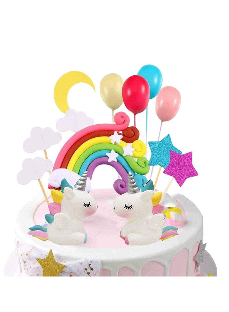 Unicorn Cake Topper Kit, Good Cloud Rainbow Star Balloon Cake, 15 Pcs Decorations Stand Up Wafer, for Birthday Wedding Baby Shower Party, Kids Happy Party