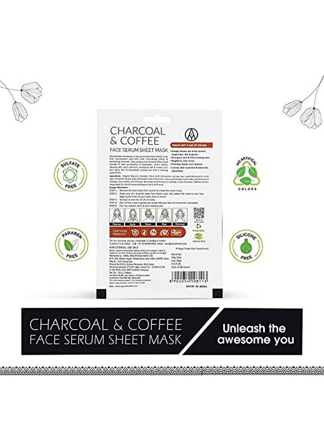 Charcoal & Coffee Face Serum Sheet Mask For Both Men And Women ; Skin Hydrated & Intensely Detoxified Brightens Skin Tone ; Charcoal Coffee Beans (Pack Of 12 20 Gm Each)