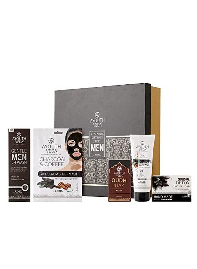 Essential Gift Pack Gentle Men Ph Wash Charcoal & Coffee Face Serum Sheet Mask Activated Charcoal Face Wash Charcoal Detox Castile Soap Oudh Roll On Ittar