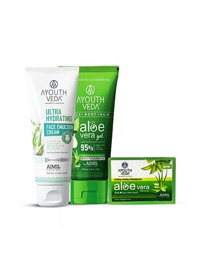 Aloe Vera Bathing Soap & Aloe Vera Gel & Ultra Hydrating Face Emulsion Cream Combo For Face Body Hair Hydrates Skin Without Feeling Greasy Neem Tulsi Even Skin Tones