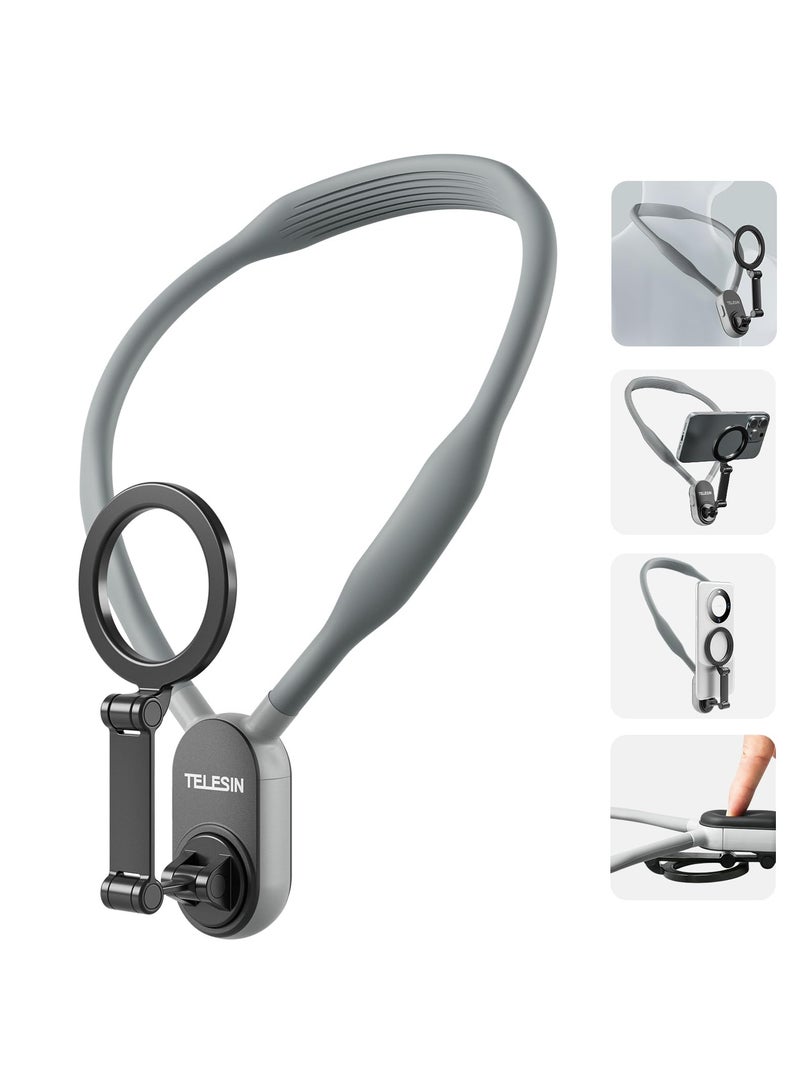 Magnetic Neck Mount for Phones, Neck Cell Phone Holder POV/Vlog Selfie Mount Hand Free Phone Neck Holder Chest Stand Strap Video Recording for iPhone 15 14 13 12 Seires Android Phones (Grey)