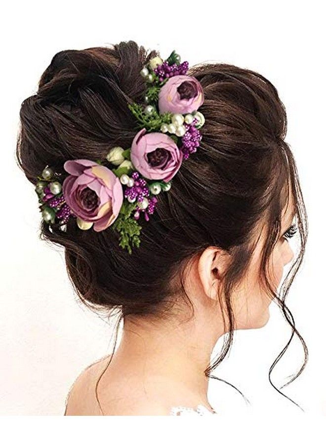 Artificial Rose Flower With Pearl Bridal Hair Pin ; Hair Accessories ; Judapin For Women & Girls Purple Combo (2170/2255)