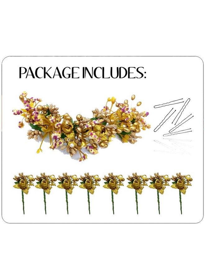 Artificial Flower With Leaf & Pearl Bridal Hair Pin ; Hair Accessories ; Judapin For Women & Girls Golden Combo (2299/2300)