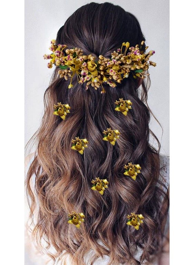 Artificial Flower With Leaf & Pearl Bridal Hair Pin ; Hair Accessories ; Judapin For Women & Girls Golden Combo (2299/2300)