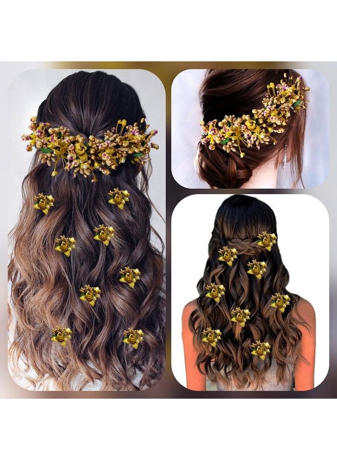 Artificial Flower With Leaf & Pearl Bridal Hair Pin ; Hair Accessories ; Judapin For Women & Girls Golden Combo (2299/2300)