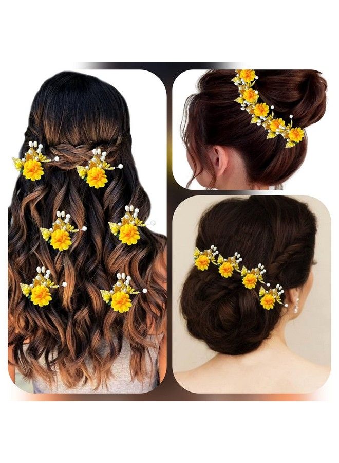 Artificial Flower With Pearl Bridal Hair Pin/ Hair Clip/ Side Pin/Comb Pin/Hair Accessories/ Judapin For Women & Girls 2397 Yellow