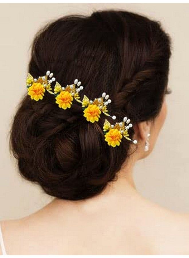 Artificial Flower With Pearl Bridal Hair Pin/ Hair Clip/ Side Pin/Comb Pin/Hair Accessories/ Judapin For Women & Girls 2397 Yellow