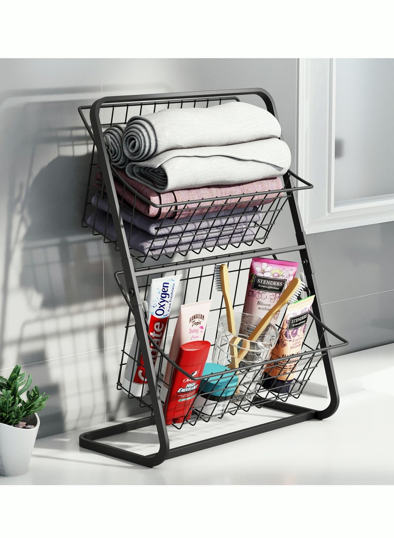 2 Tier Fruit Basket Countertop Fruit Vegetable Basket Bowl for Kitchen Counter Metal Mesh Basket Fruits Stand Produce Holder Organizer for Onion Potato Bread Snack Veggie