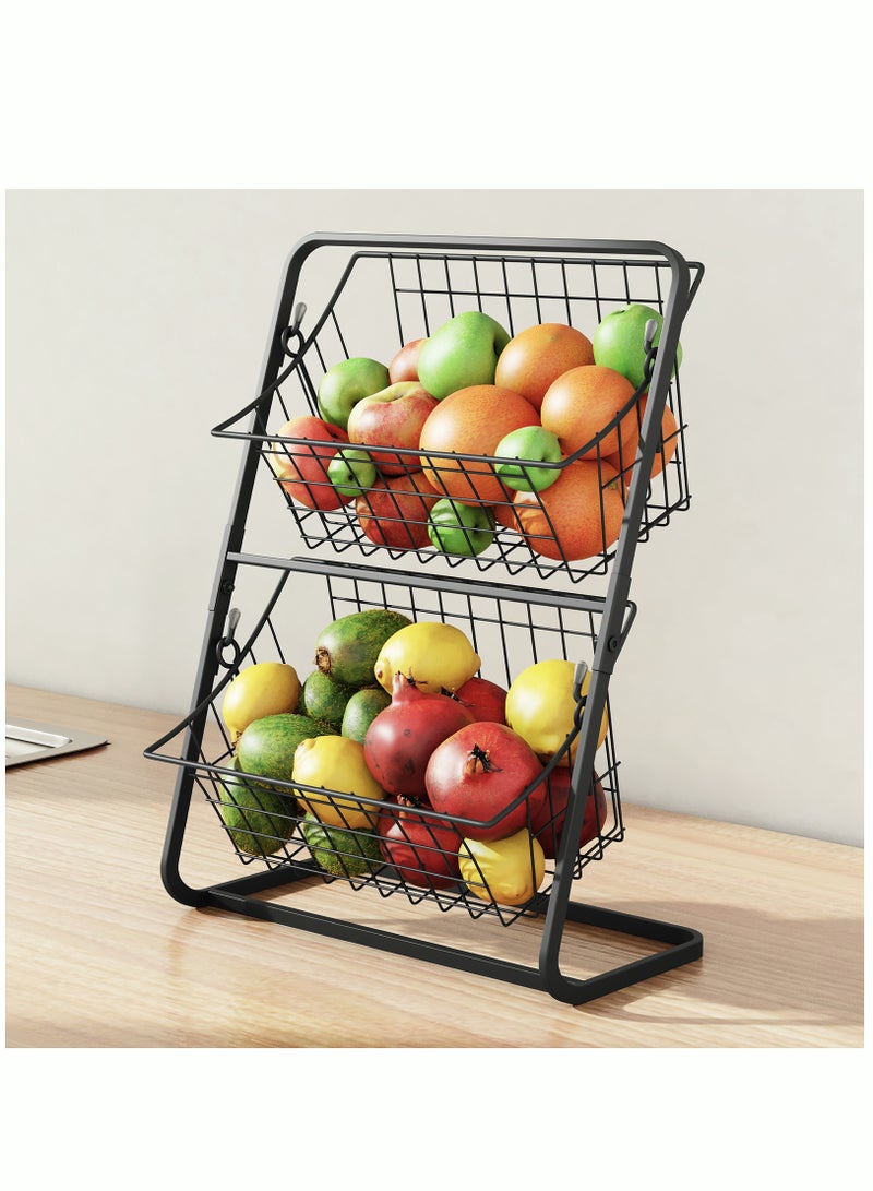 2 Tier Fruit Basket Countertop Fruit Vegetable Basket Bowl for Kitchen Counter Metal Mesh Basket Fruits Stand Produce Holder Organizer for Onion Potato Bread Snack Veggie