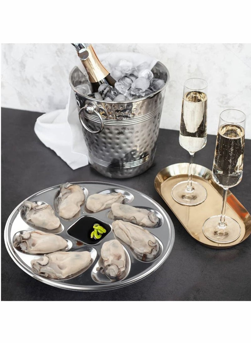 Oyster Plate, Stainless Steel 3Pcs Grill Pan Serving Trays, 8 Slots Pan, Shell Shaped Tray for Oysters, Sauce and Lemons, Home Restaurant (9.8 Inch)