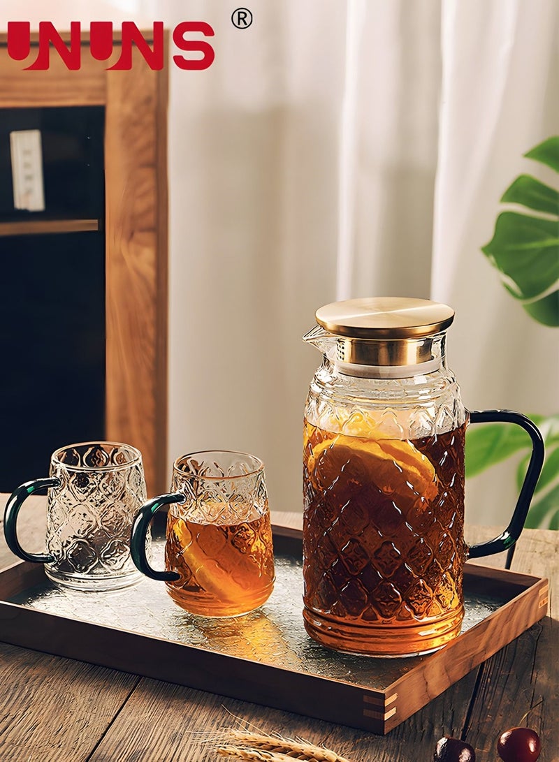 Teapot Pot Set Clear,3-Piece Vintage Carvings Glass Teapot,1 Teapot And 2 Cups,1.5L Water Carafe Jug With Lids For Iced Tea Lemonade Coffee Milk Juice