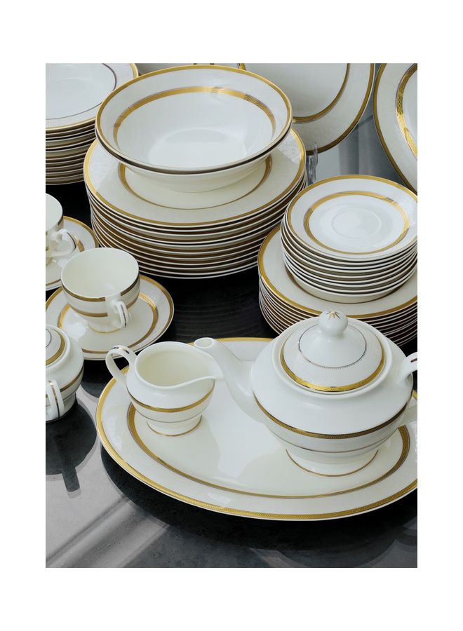83-Piece Premium Bone China Dinner Set With 2X36Cm Oval Plates,12X25Cm Dinner Plates,12X22Cm Soup Plates,12X20Cm Flat Plates,2X23Cm Salad Bowls,12X14Cm Bowls,12X200ml Cups & Saucers,Salt & Pepper Pots,Creamer,Sugar & Tea Pot,Serves 12,White Premium