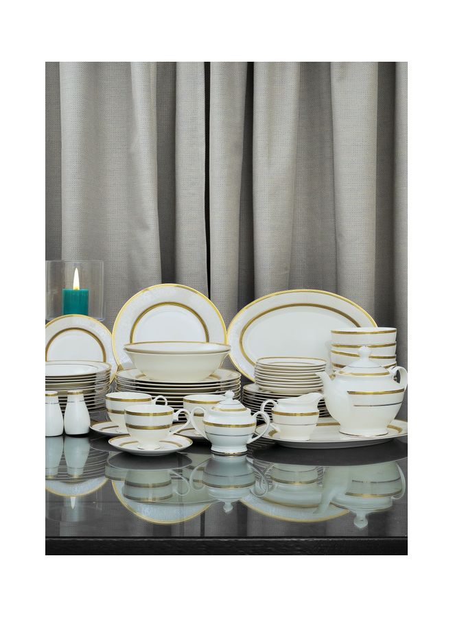 83-Piece Premium Bone China Dinner Set With 2X36Cm Oval Plates,12X25Cm Dinner Plates,12X22Cm Soup Plates,12X20Cm Flat Plates,2X23Cm Salad Bowls,12X14Cm Bowls,12X200ml Cups & Saucers,Salt & Pepper Pots,Creamer,Sugar & Tea Pot,Serves 12,White Premium