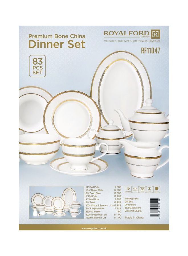 83-Piece Premium Bone China Dinner Set With 2X36Cm Oval Plates,12X25Cm Dinner Plates,12X22Cm Soup Plates,12X20Cm Flat Plates,2X23Cm Salad Bowls,12X14Cm Bowls,12X200ml Cups & Saucers,Salt & Pepper Pots,Creamer,Sugar & Tea Pot,Serves 12,White Premium