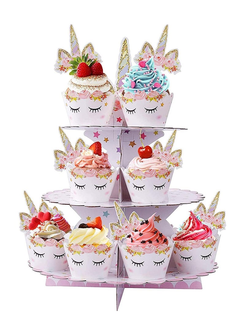 3 Tier Unicorn Cardboard Cupcake Stand Tower Mini Round Dessert Holder for Baby Shower Gender Reveal Party