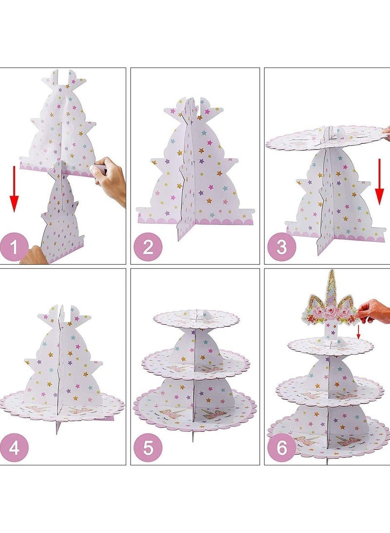 3 Tier Unicorn Cardboard Cupcake Stand Tower Mini Round Dessert Holder for Baby Shower Gender Reveal Party