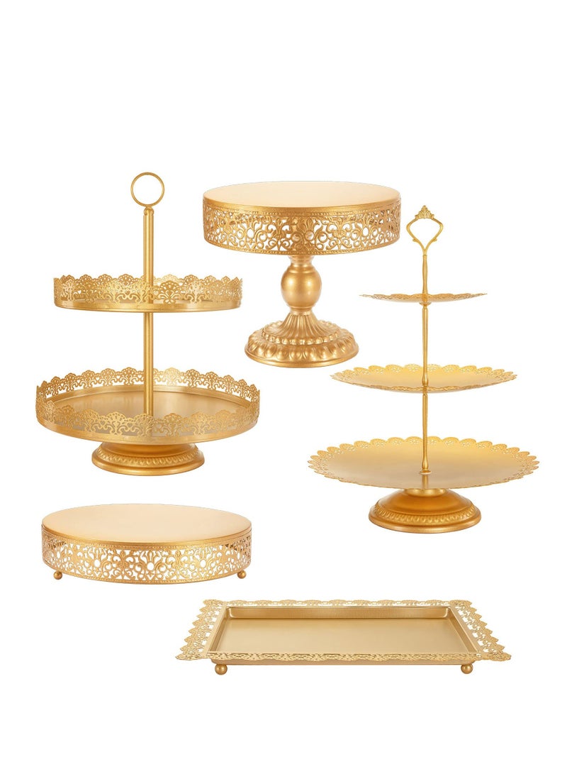 Gold Cake Stand 5 Pcs, Antique-Inspired Dessert Table Display Set Different Heights and Shapes Stands Tiered Cupcake Holder Candy Fruit Plate Decoration