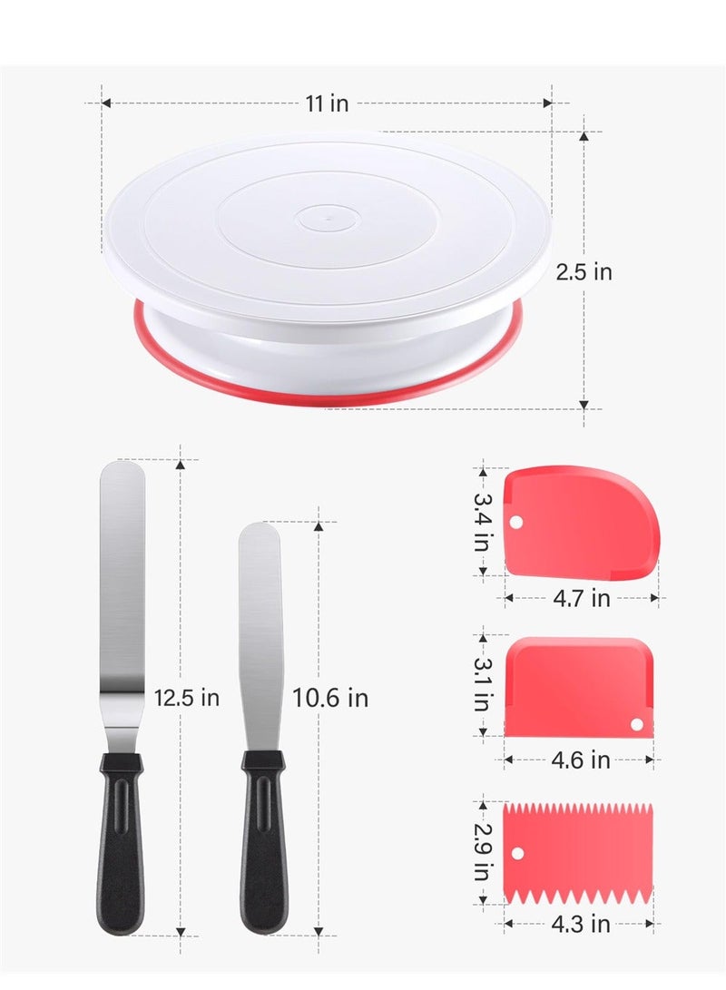 Cake Decorating Turntable, Baking Supplies Turntable with 2 Frosting Straight Angled Spatula 3 Icing Smoother Scrapers, Revolving Stand Pink