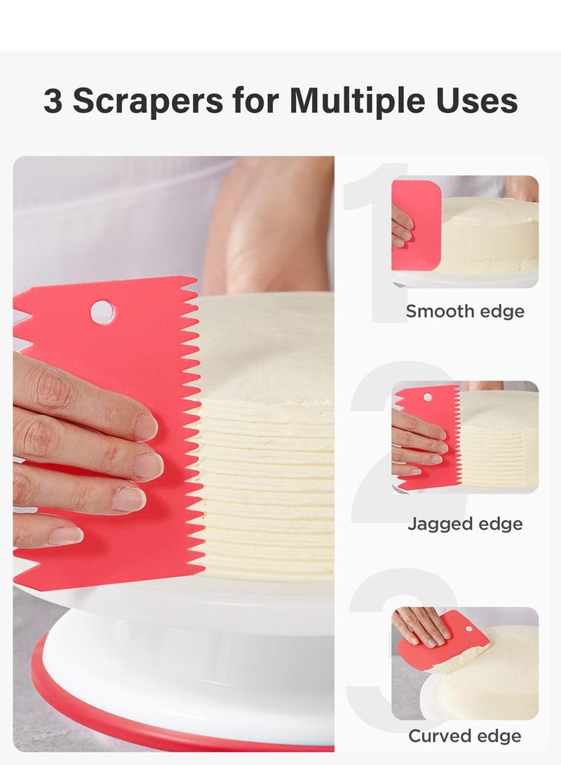 Cake Decorating Turntable, Baking Supplies Turntable with 2 Frosting Straight Angled Spatula 3 Icing Smoother Scrapers, Revolving Stand Pink