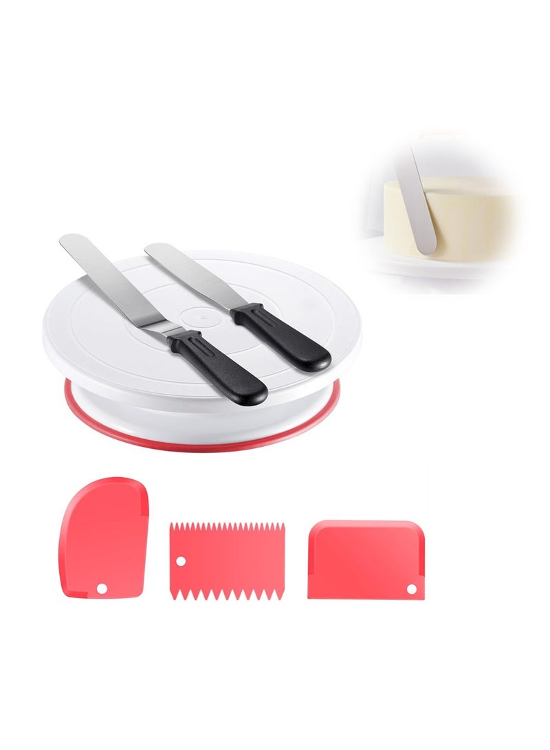 Cake Decorating Turntable, Baking Supplies Turntable with 2 Frosting Straight Angled Spatula 3 Icing Smoother Scrapers, Revolving Stand Pink