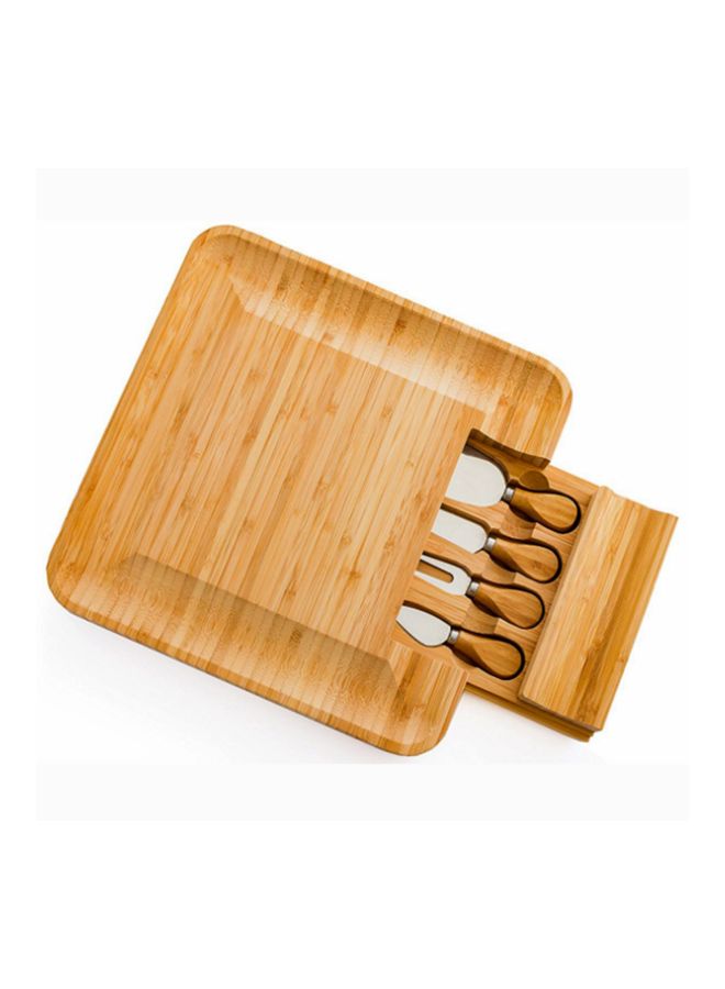 Bamboo Cheese Cutting Board With 4 Knives Brown