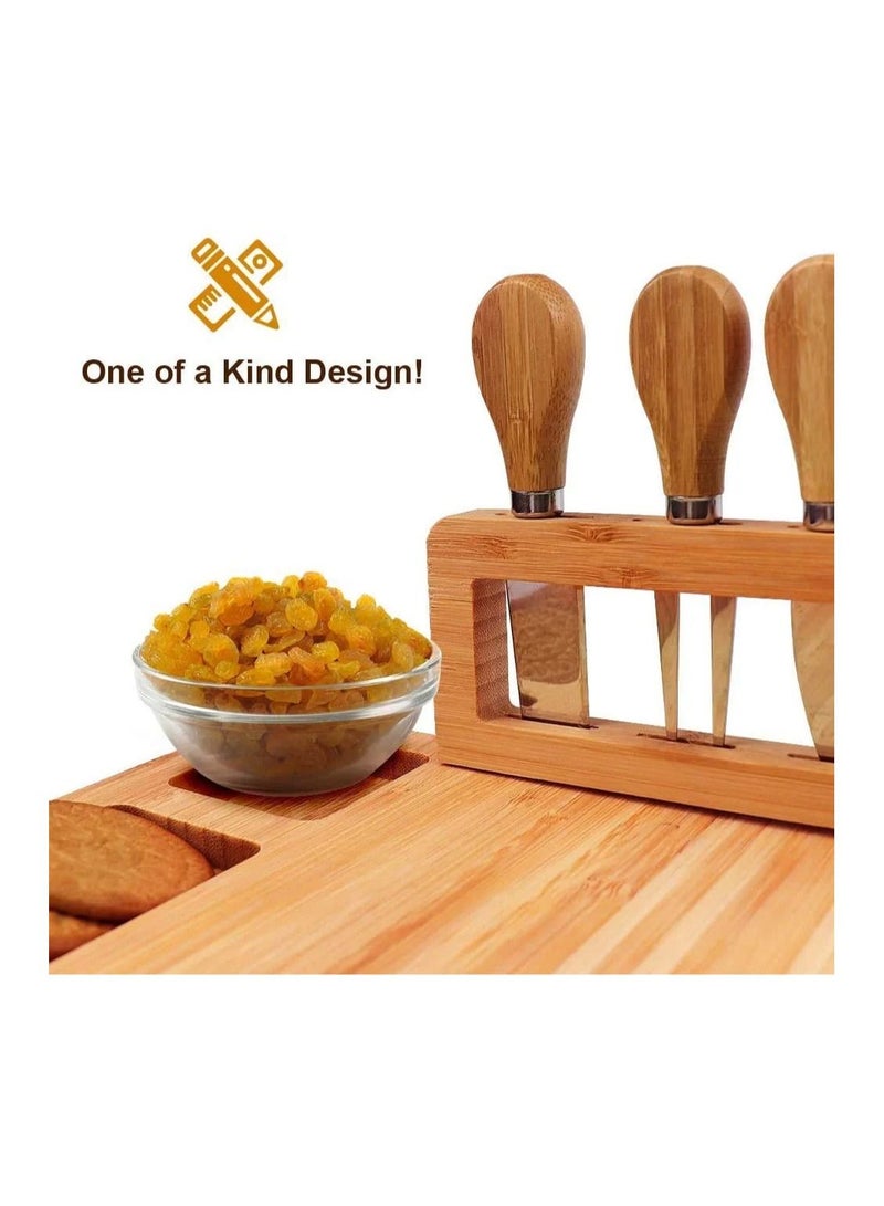 Cuisine Art Organic Bamboo Cheese Cutting Board Gift Set Wooden Serving Tray For Charcuterie Meat Platter, Fruit & Crackers With 4 Cheese Knives
