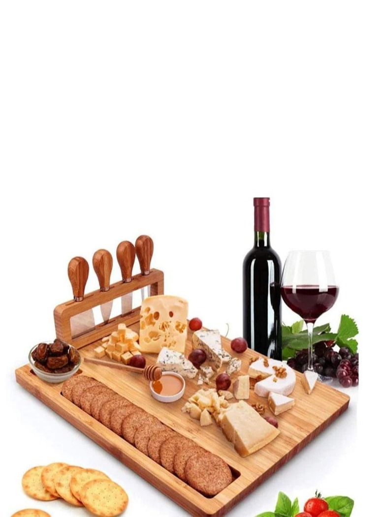 Cuisine Art Organic Bamboo Cheese Cutting Board Gift Set Wooden Serving Tray For Charcuterie Meat Platter, Fruit & Crackers With 4 Cheese Knives