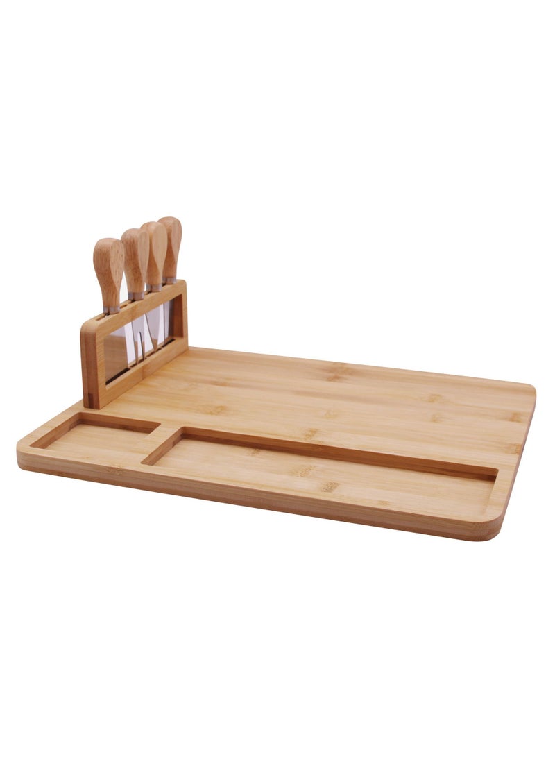 Cuisine Art Organic Bamboo Cheese Cutting Board Gift Set Wooden Serving Tray For Charcuterie Meat Platter, Fruit & Crackers With 4 Cheese Knives
