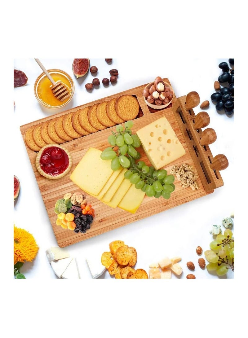 Organic Bamboo Cheese Cutting Board & Knife Gift Set - Wooden Serving Tray for Charcuterie Meat Platter, Fruit & Crackers with 4 Cheese Knives