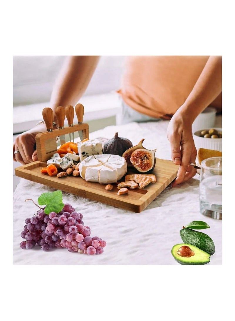 Organic Bamboo Cheese Cutting Board & Knife Gift Set - Wooden Serving Tray for Charcuterie Meat Platter, Fruit & Crackers with 4 Cheese Knives